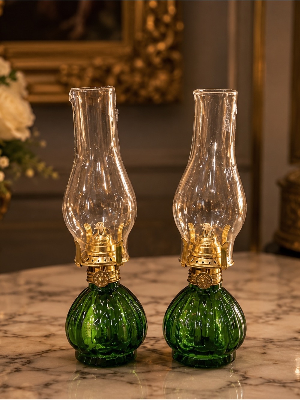 Vintage Green Glass Lantern Pair with Brass Fittings - Vintage